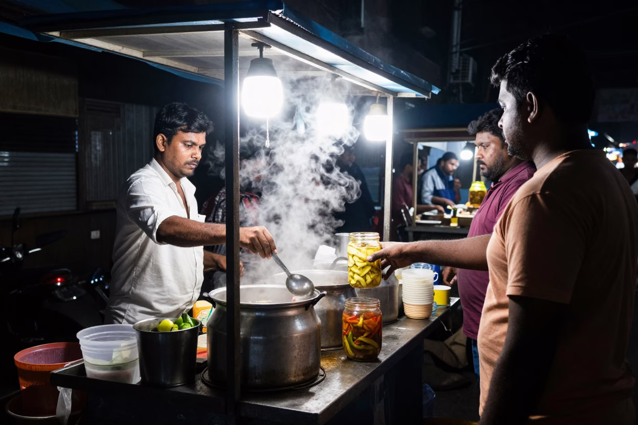 Late Night Chennai Street Food Stall With Pickle Jar And Water Tower in in Chennai, India