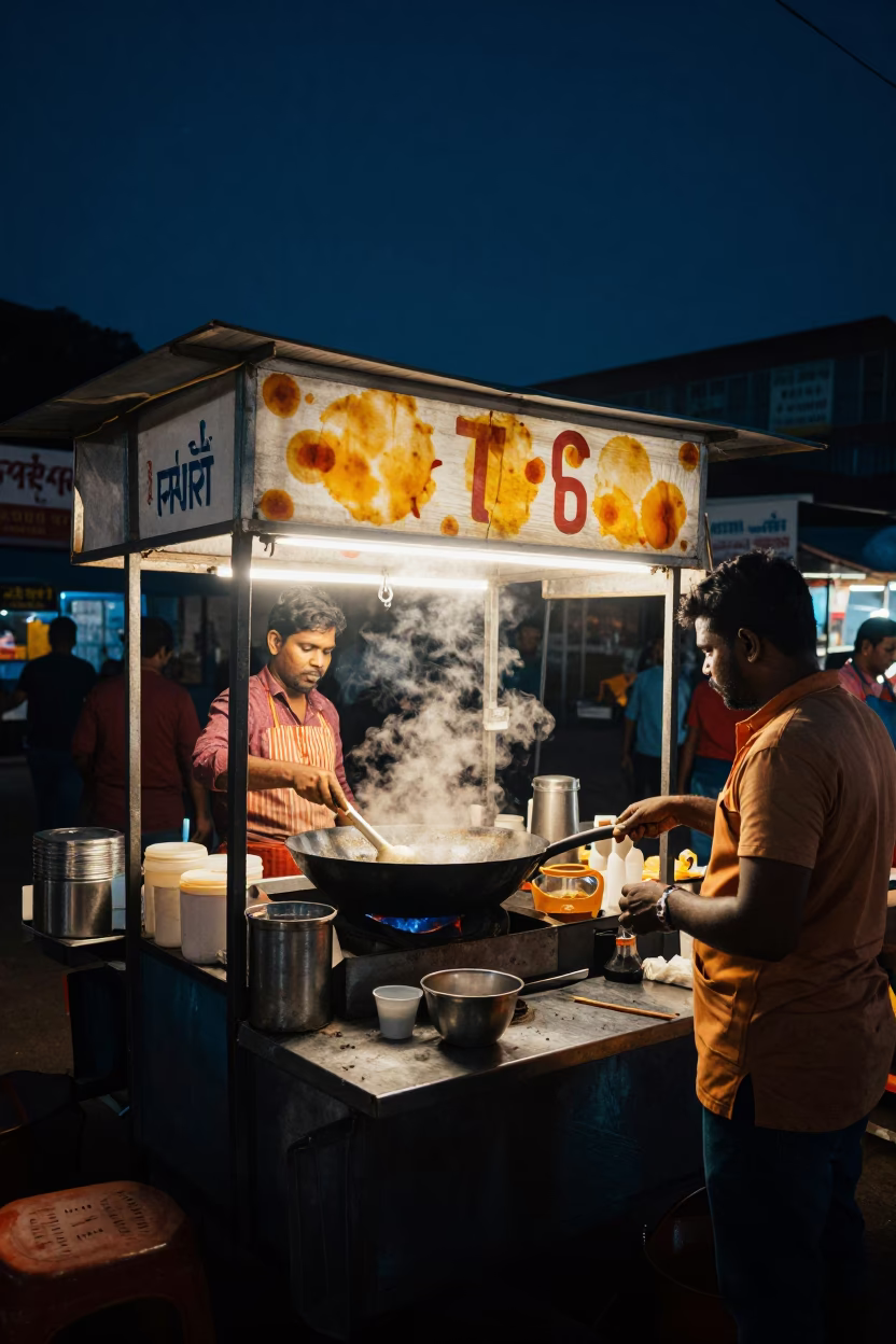Late Night Chennai Street Food Stall with Tea Stains and Local Diners in in Chennai, India
