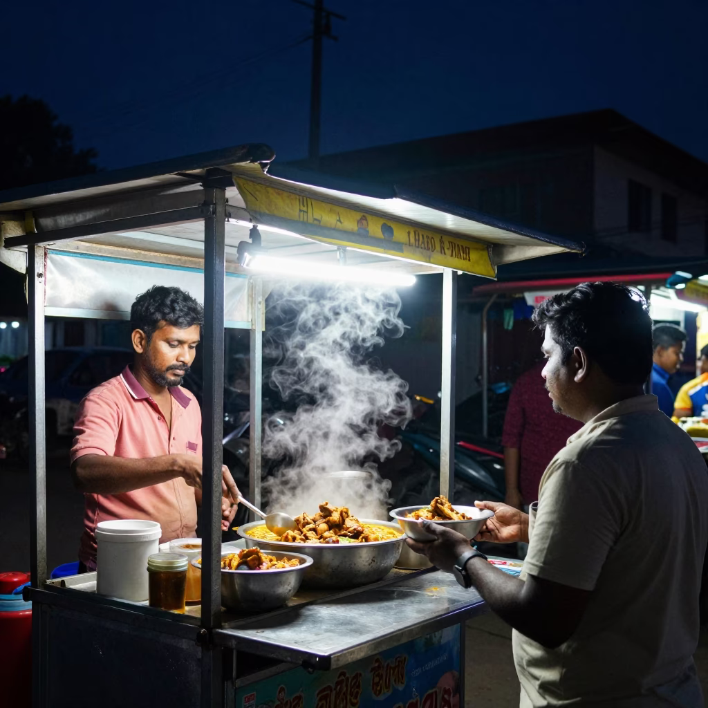 Late Night Chennai Street Food Vendor Serving Khao Piak Sen Under Deep Night Sky in in Chennai, India