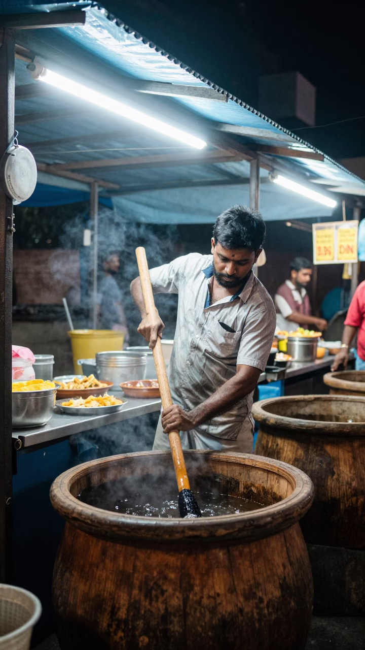 Late Night Chennai Street Food Vendor Stirring Cedar Vats Under Neon Lights in in Chennai, India