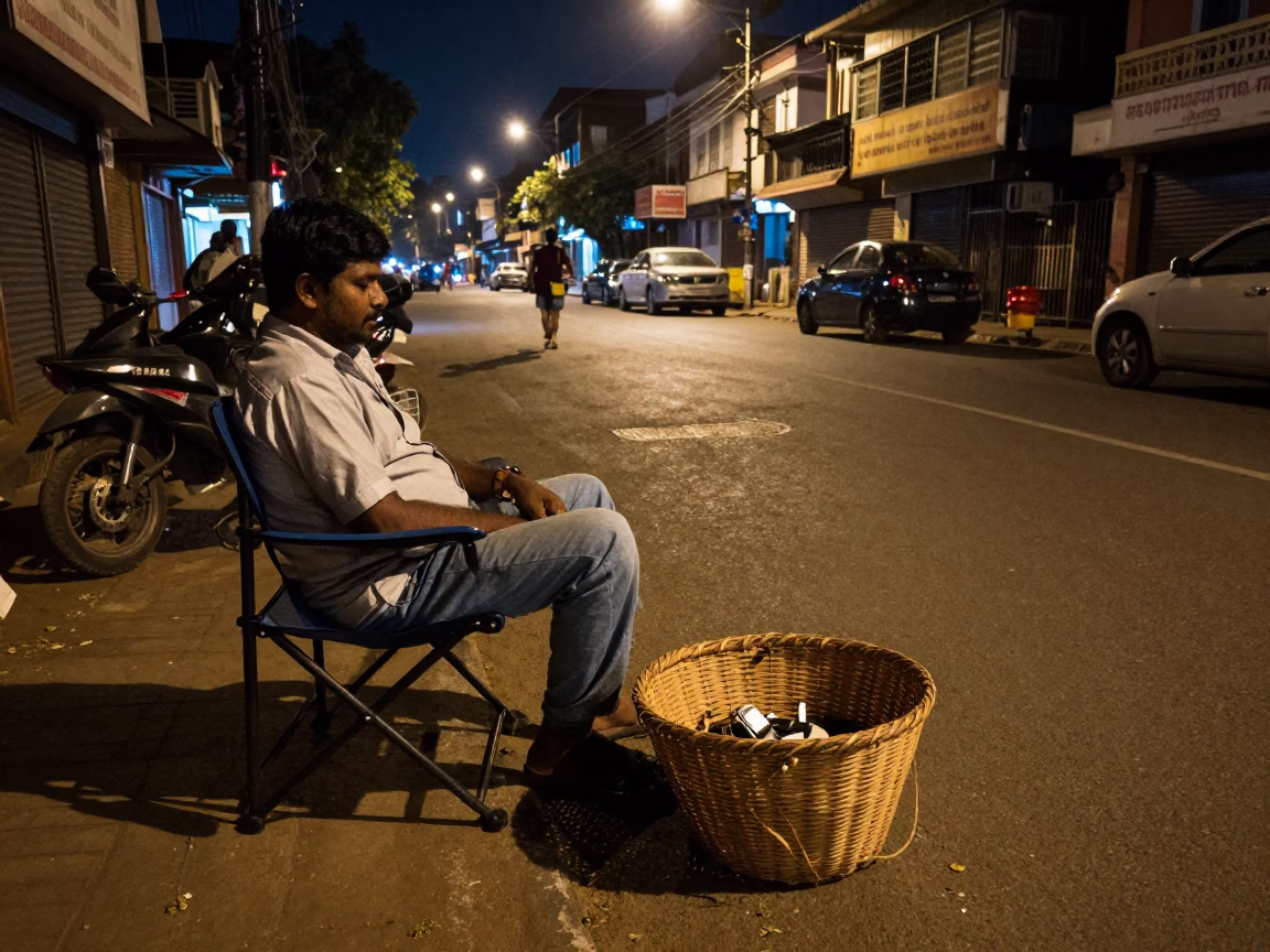 Late Night Chennai Street Scene with Folding Chair and Mending Basket in India in in Chennai, India