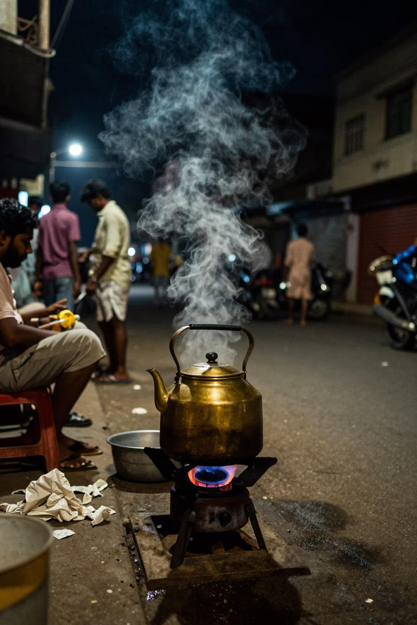 Late Night Chennai Street Scene with Kettle and Drying Towels in 1980s India in in Chennai, India
