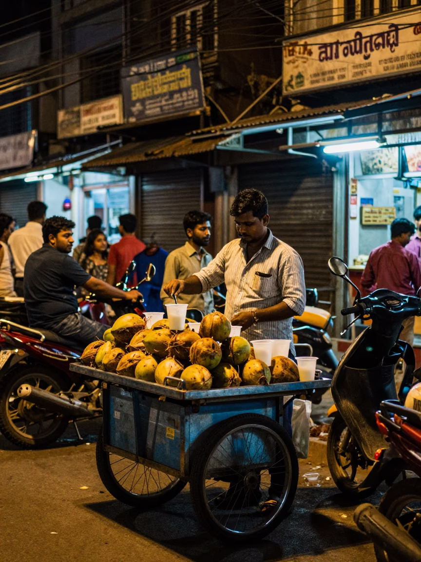 Late Night Chennai Street Scene with Local Vendor and Everyday Items in in Chennai, India