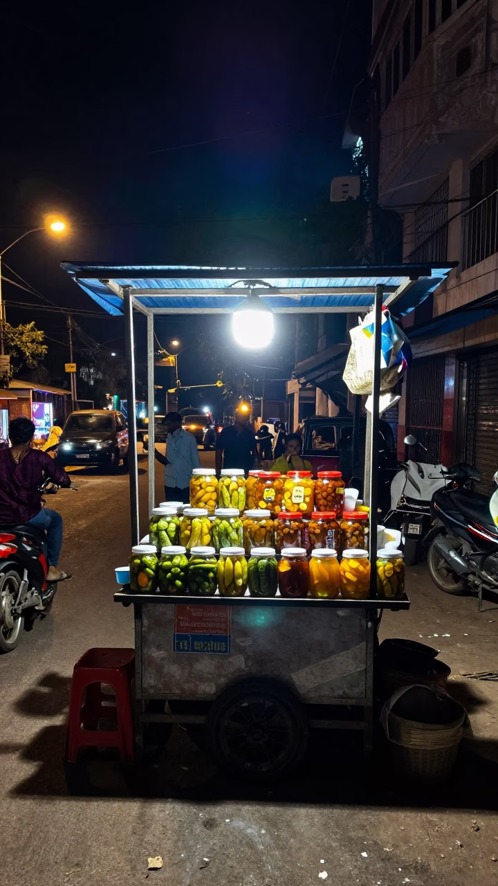 Late Night Chennai Street Scene with Pickle Jars and Bustling Market Activity in in Chennai, India