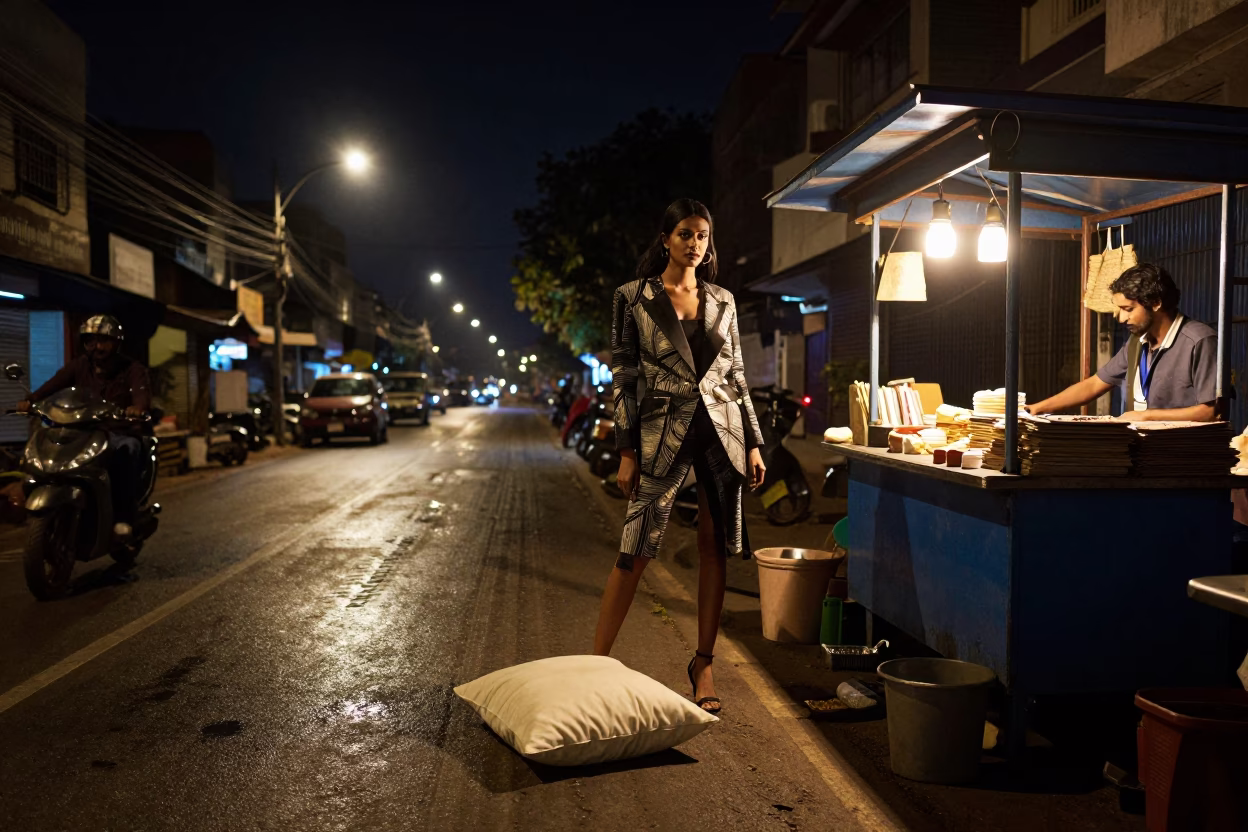 Late Night Chennai Street Scene with Pillow Prop and Mangrove Kayak Imagery in in Chennai, India