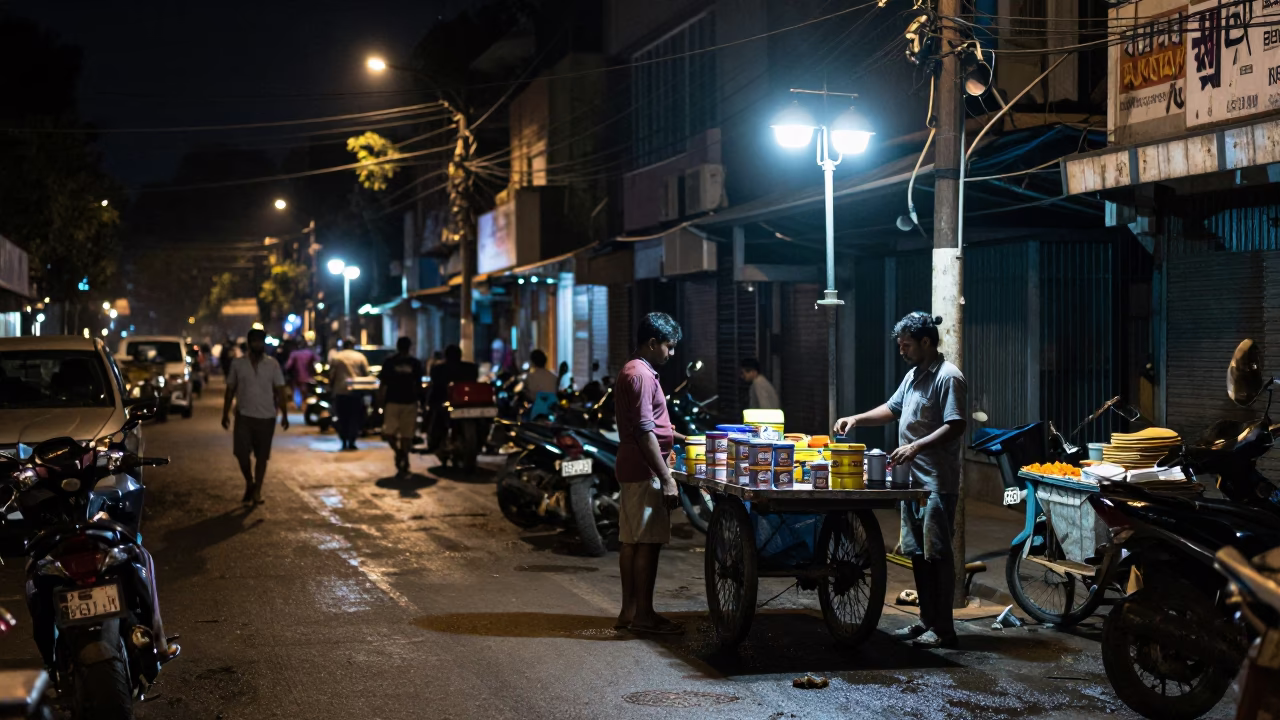Late Night Chennai Street Scene with Tiffin Tin and Whisky in in Chennai, India