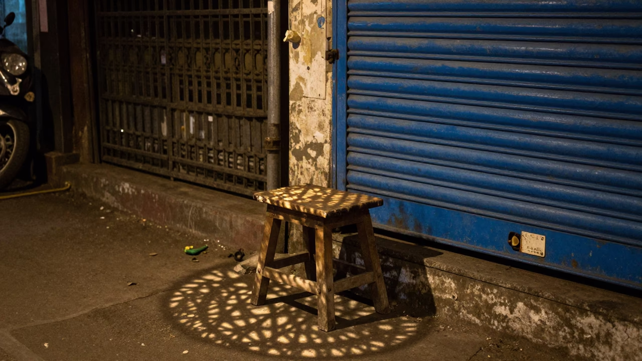 Late Night Chennai Street Scene with Wicker Shadow and Soap Case in in Chennai, India
