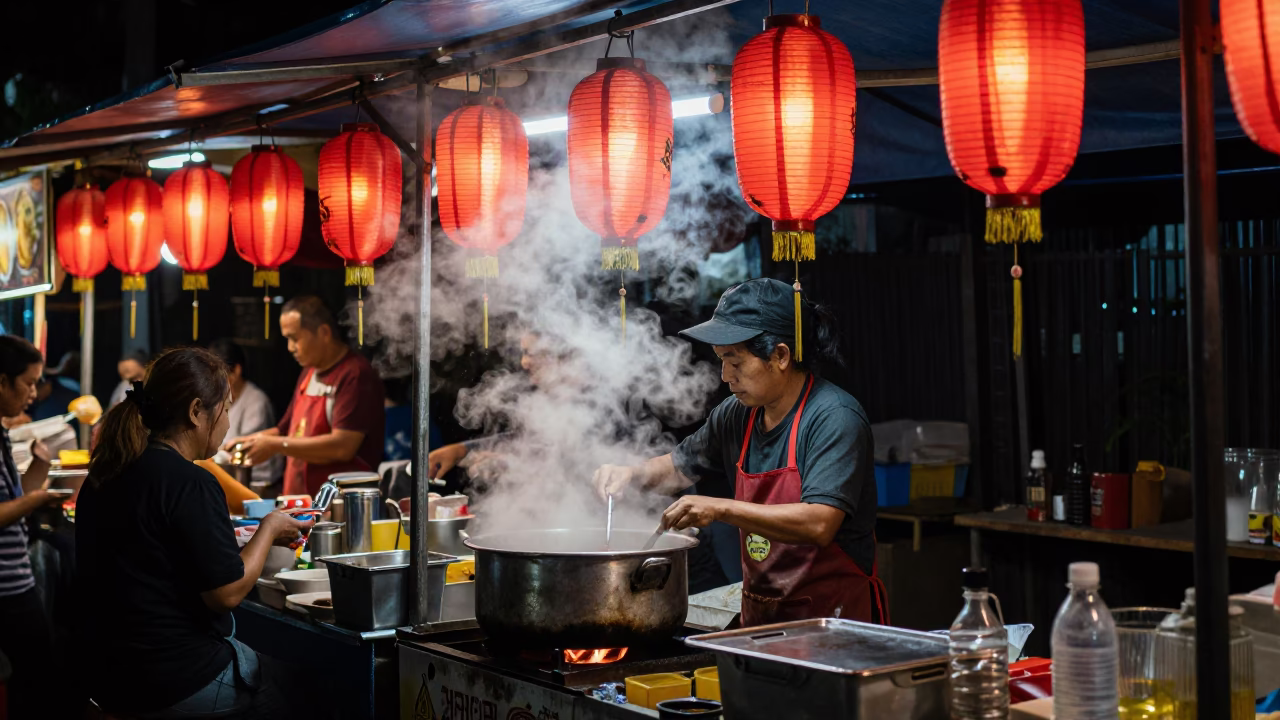 Late Night Chiang Mai Street Food Stall with Steam and Lanterns in in Chiang Mai, Thailand