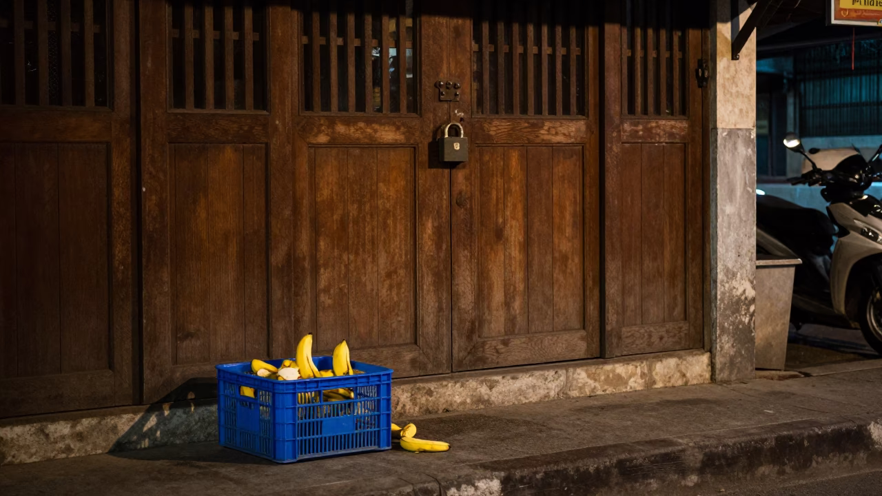 Late Night Chiang Mai Street Scene with Deadbolt Lock and Fruit Crate in in Chiang Mai, Thailand