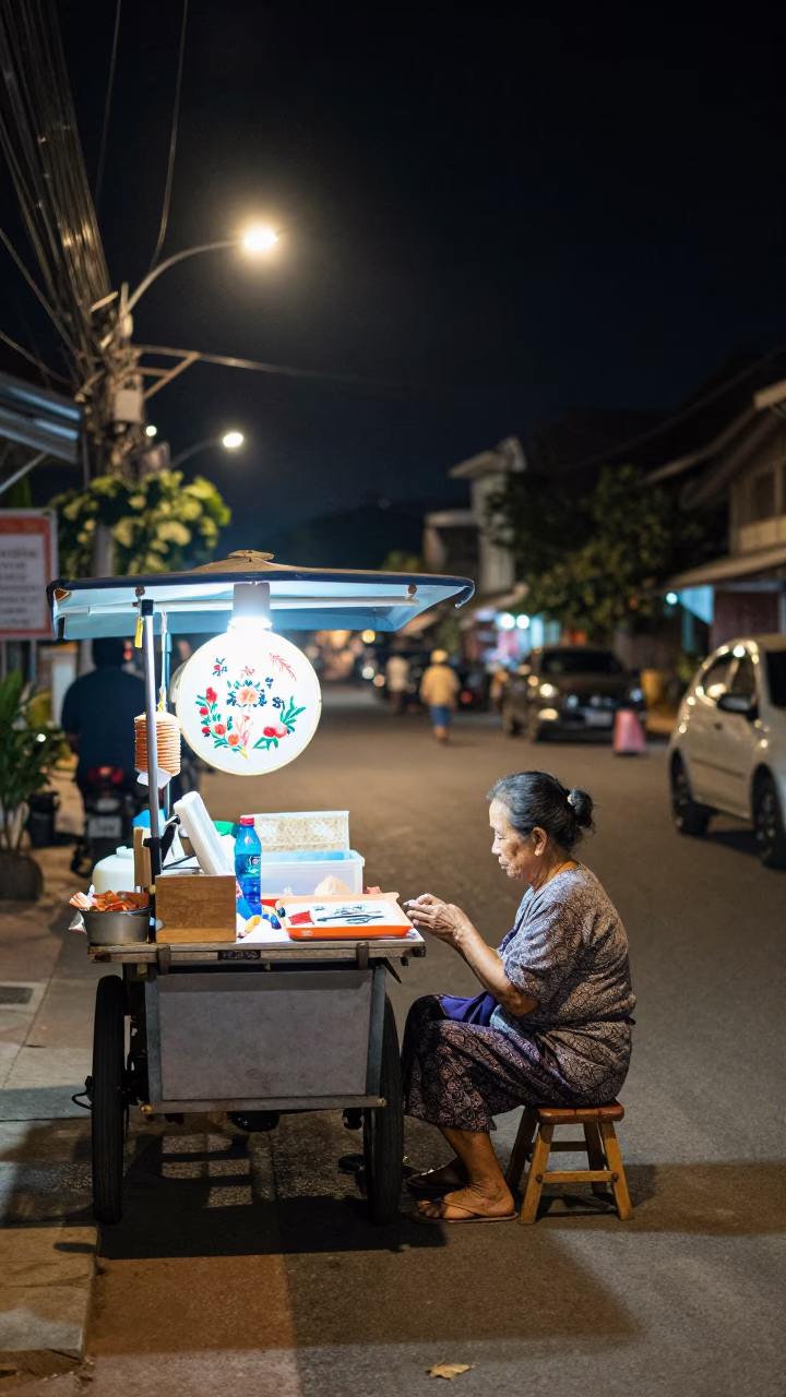 Late Night Chiang Mai Street Scene with Embroidery Hoop and Step Stool in in Chiang Mai, Thailand