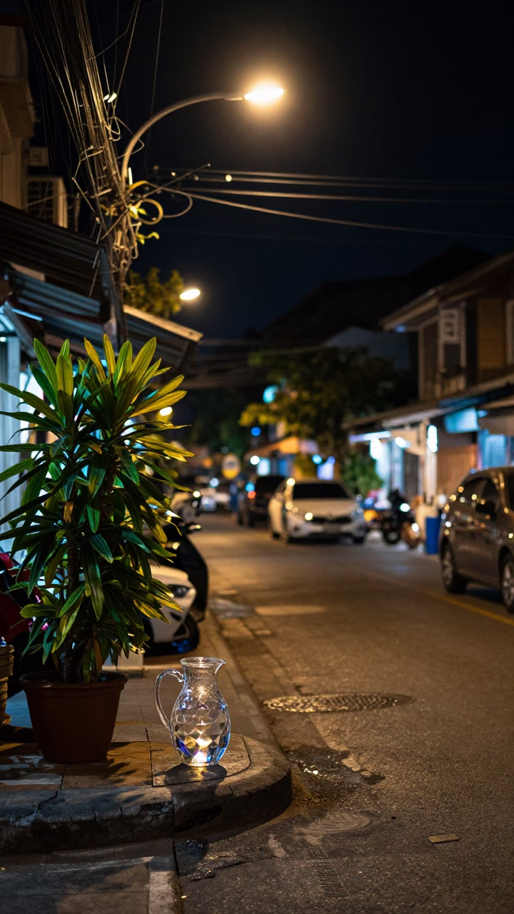 Late Night Chiang Mai Street Scene with Faceted Glass and Candle Holder in in Chiang Mai, Thailand