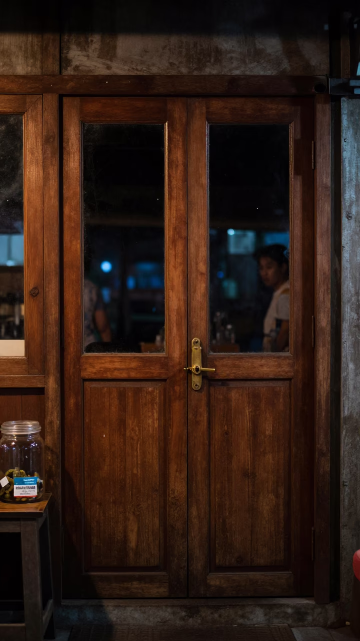 Late Night Chiang Mai Street Scene with Glass Jar and Latch on Wooden Door in in Chiang Mai, Thailand
