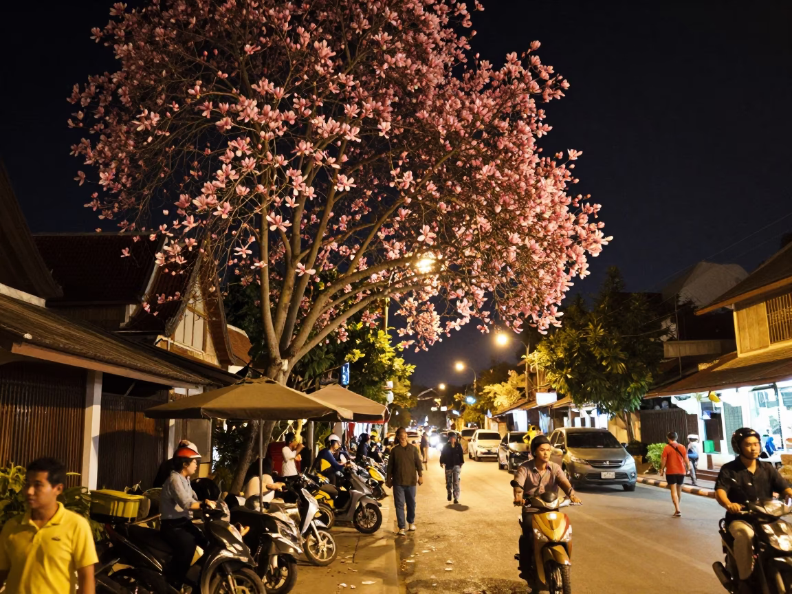 Late Night Chiang Mai Street Scene with Magnolia Tree and Local Vendor Interaction in in Chiang Mai, Thailand