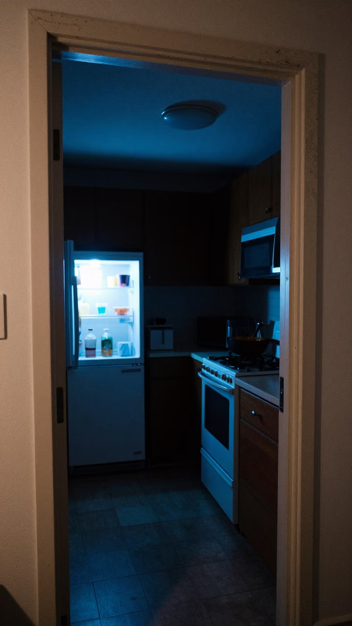 Late Night Chicago Apartment Kitchen with Scratched Doorframe and Fruit Bowl in in Chicago, Illinois, United States