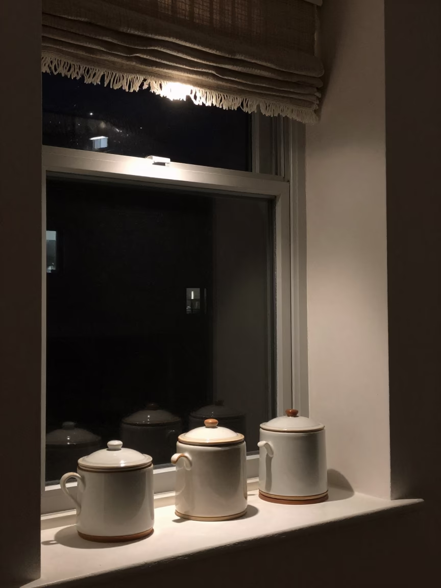 Late Night Chicago Apartment Window Light and Linen Fringe with Canister Set in in Chicago, Illinois, United States