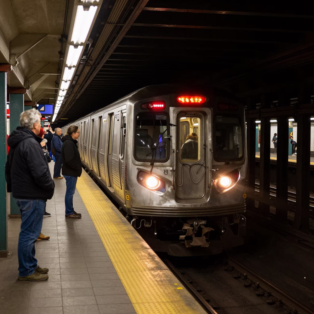 Late Night Chicago CTA Red Line Train Arriving at Art Decorated Station in in Chicago, Illinois, United States