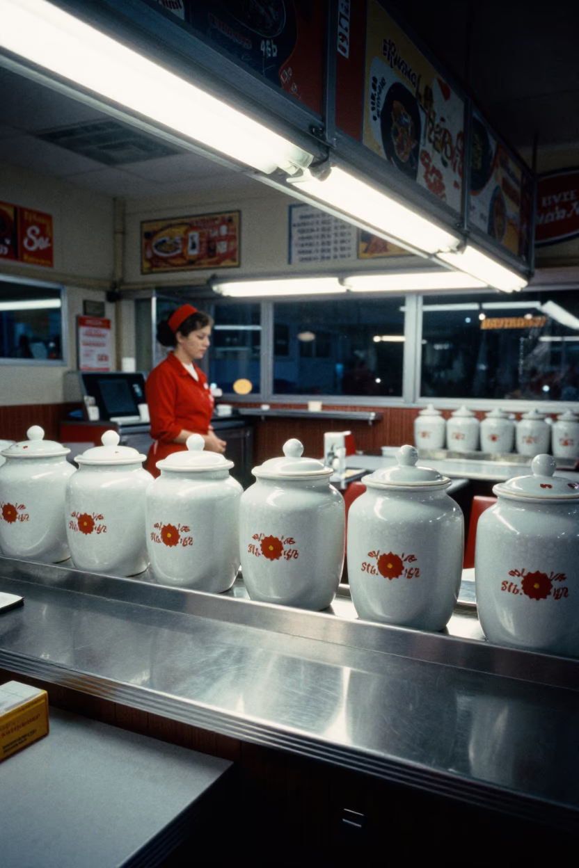 Late Night Chicago Diner Interior with Porcelain Jars and Shirt Hanger in in Chicago, Illinois, United States