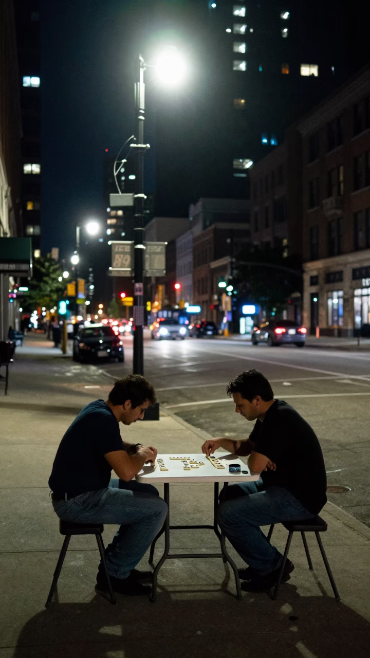 Late Night Chicago Street Corner with Dominoes and City Lights in in Chicago, Illinois, United States