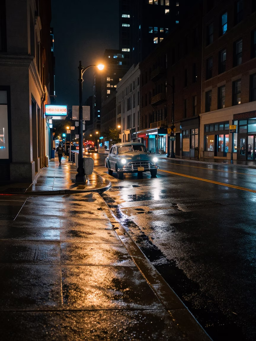 Late Night Chicago Street Corner with Vintage Car and Neon Diner Sign Reflection in in Chicago, Illinois, United States