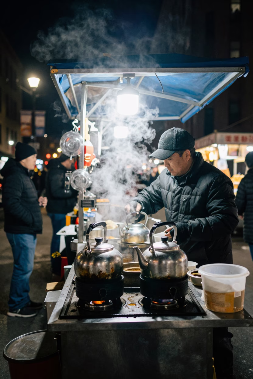 Late Night Chicago Street Food Vendor Serving Hot Tea Kettles and Books to Insomniacs in in Chicago, Illinois, United States