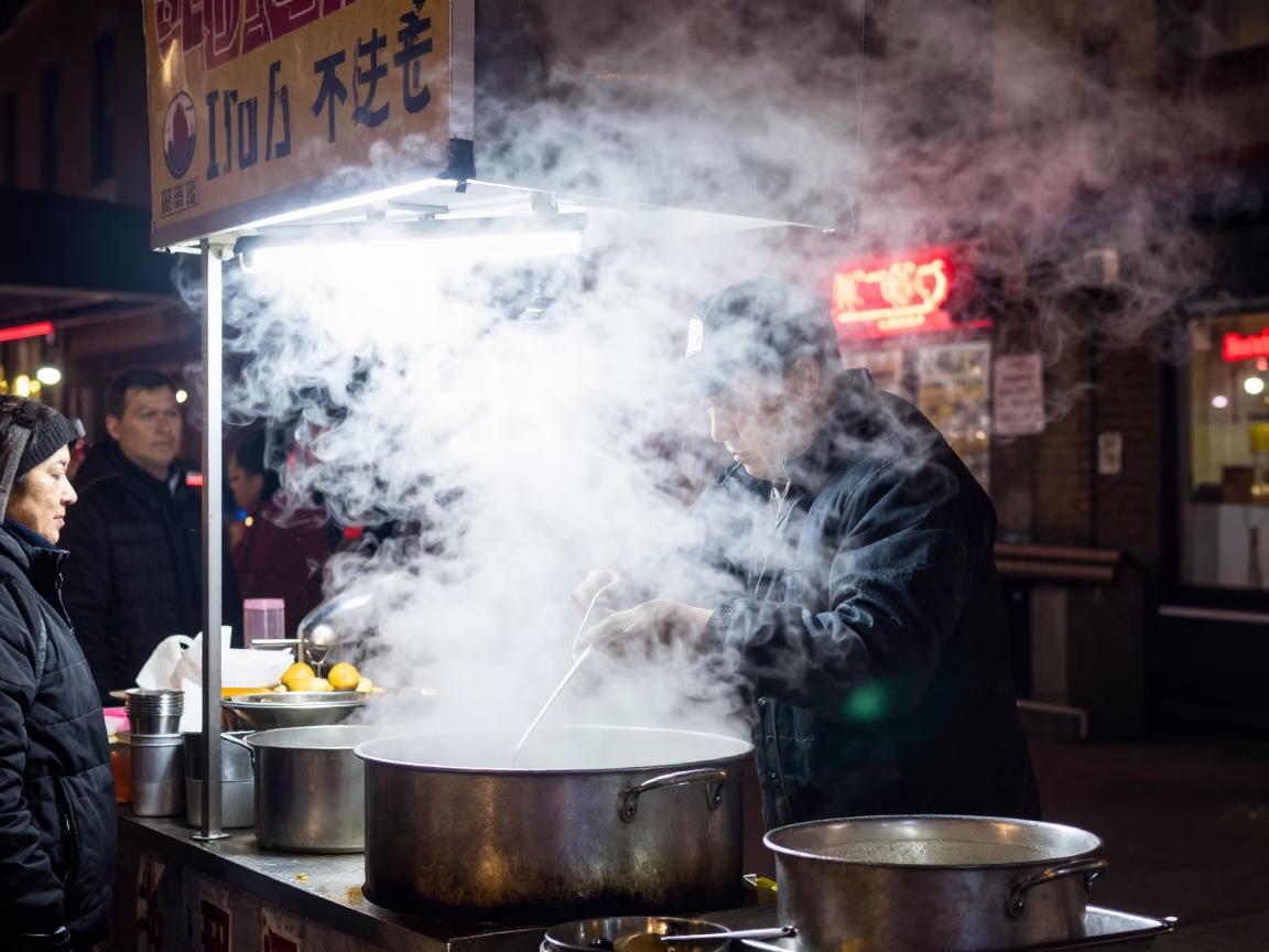 Late Night Chicago Street Food Vendor with Steam and Neon Reflections in in Chicago, Illinois, United States