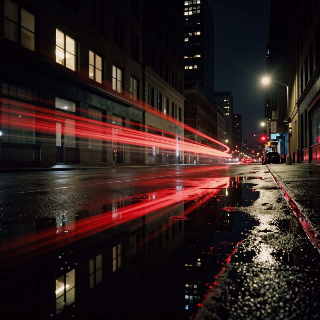 Late Night Chicago Street Puddle Reflection of Hotel Windows and Tail Lights in in Chicago, Illinois, United States
