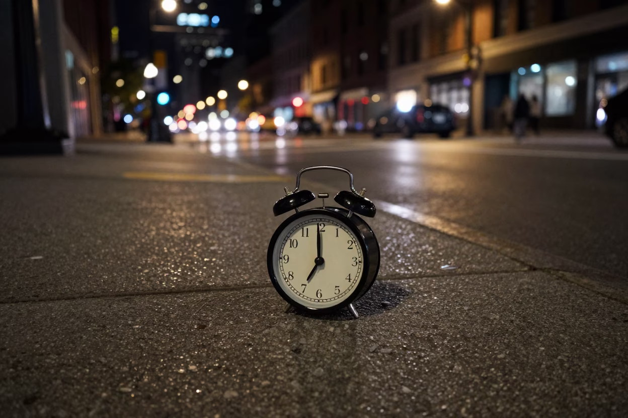 Late Night Chicago Street Scene With Alarm Clock And Urban Elements in in Chicago, Illinois, United States