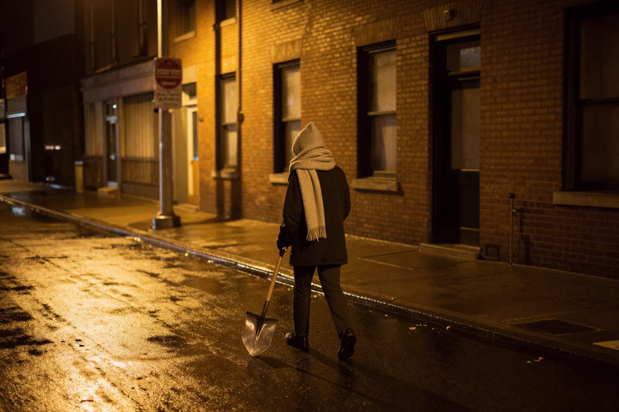 Late Night Chicago Street Scene with Ash Shovel and Scarf Worn by Pedestrian in in Chicago, Illinois, United States