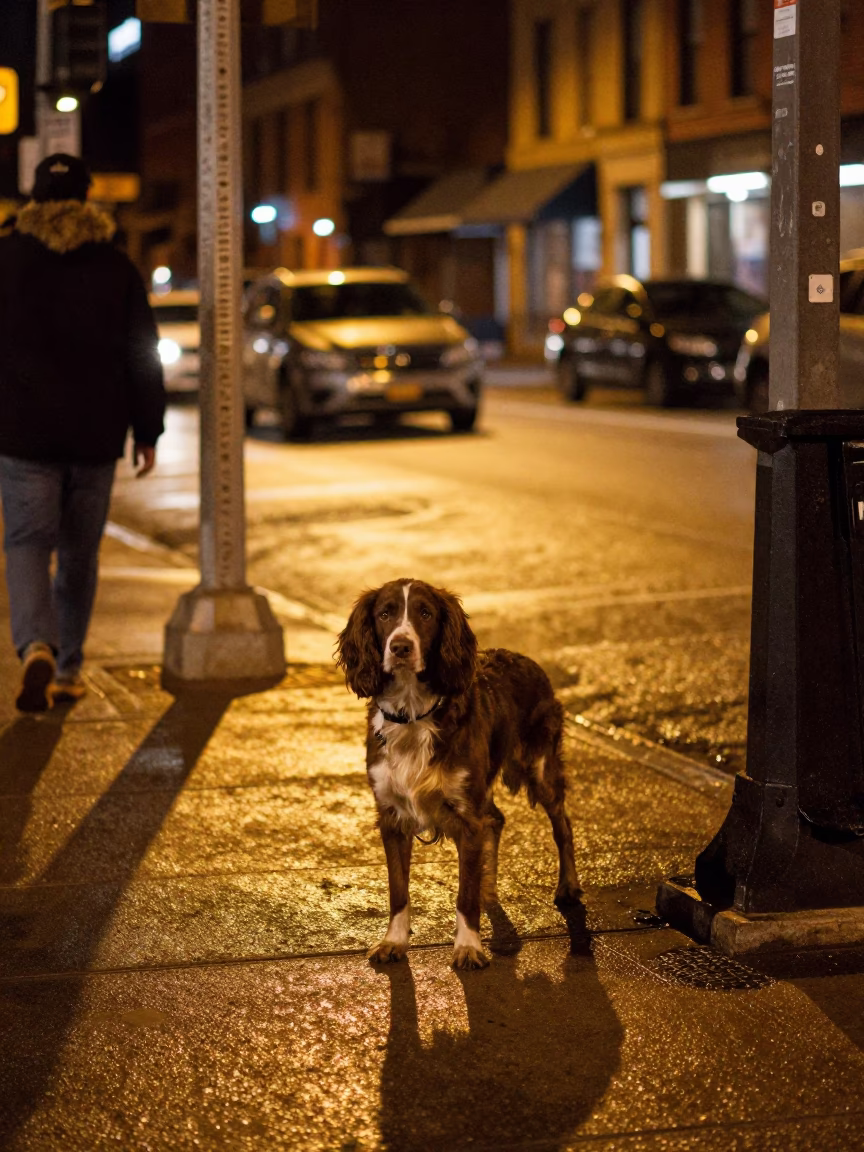 Late Night Chicago Street Scene with Boykin Spaniel and Urban Details in in Chicago, Illinois, United States