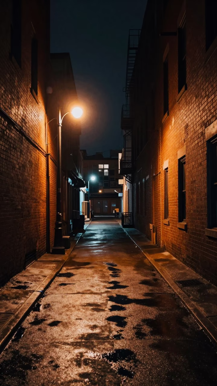 Late Night Chicago Street Scene with Brick Alleyway and Wet Pavement Reflections in in Chicago, Illinois, United States