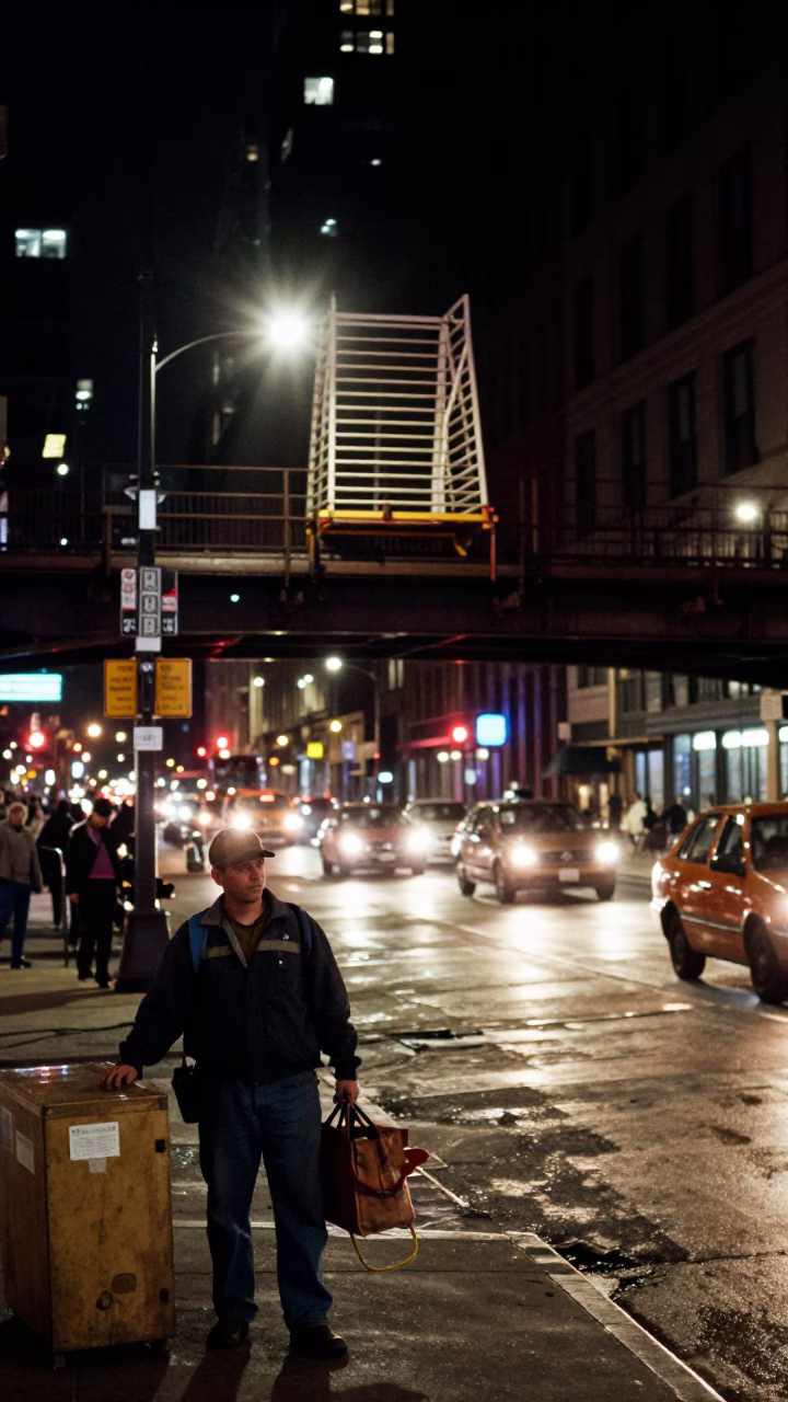 Late Night Chicago Street Scene with Bridge Maintenance Cage and Cold Chain Logistics Coolers in in Chicago, Illinois, United States