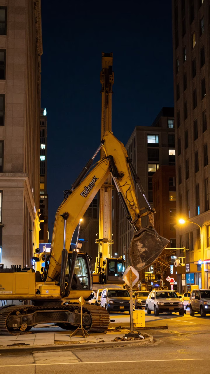 Late Night Chicago Street Scene with Construction Activity and Urban Elements in in Chicago, Illinois, United States