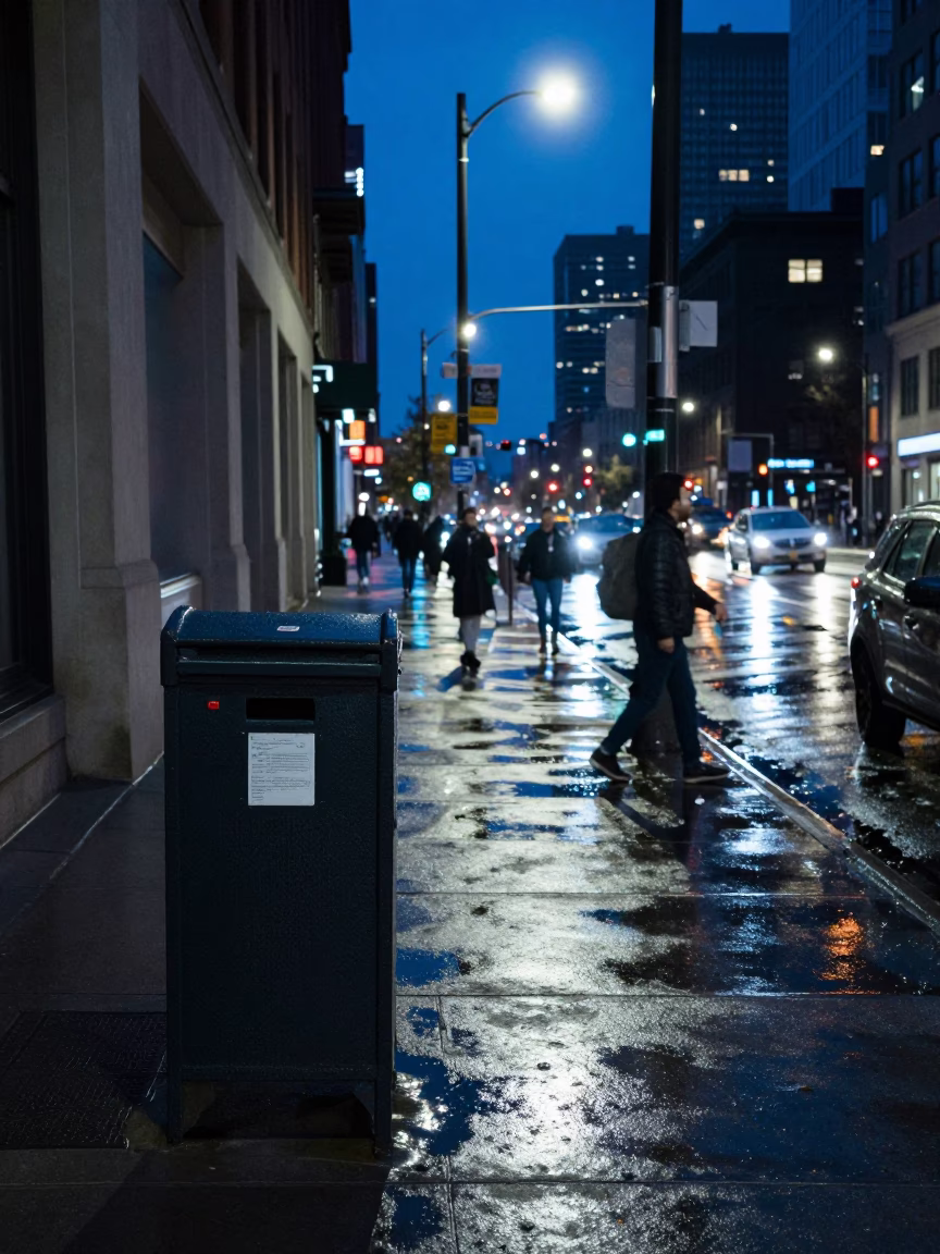 Late Night Chicago Street Scene with File Box and Urban Architecture in in Chicago, Illinois, United States