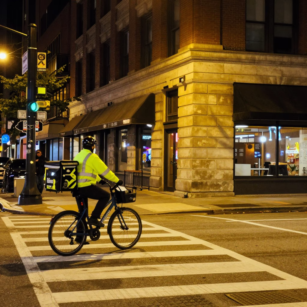 Late Night Chicago Street Scene with Food Delivery and Urban Architecture in in Chicago, Illinois, United States