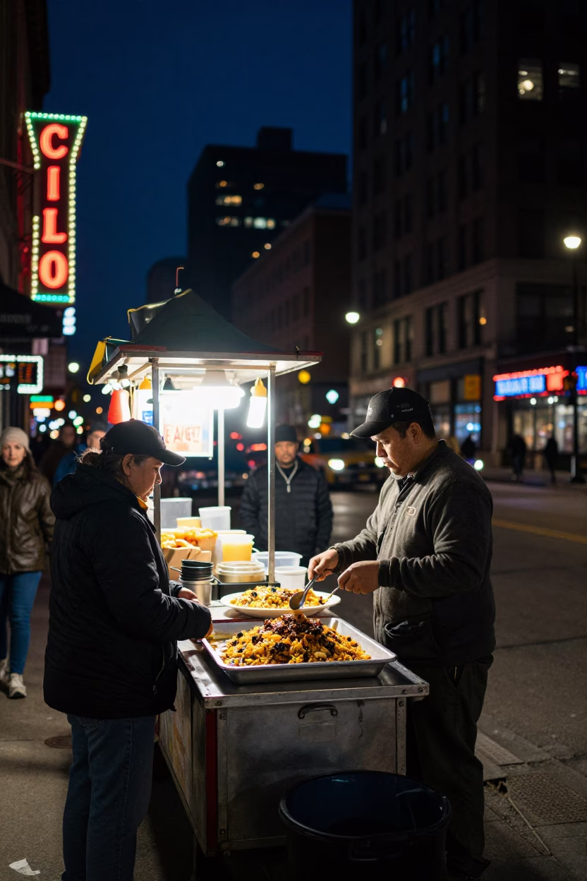 Late Night Chicago Street Scene with Food Vendor and City Lights in in Chicago, Illinois, United States