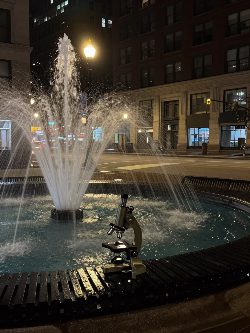 Late Night Chicago Street Scene with Fountain Spray and Antique Microscope on Table in in Chicago, Illinois, United States