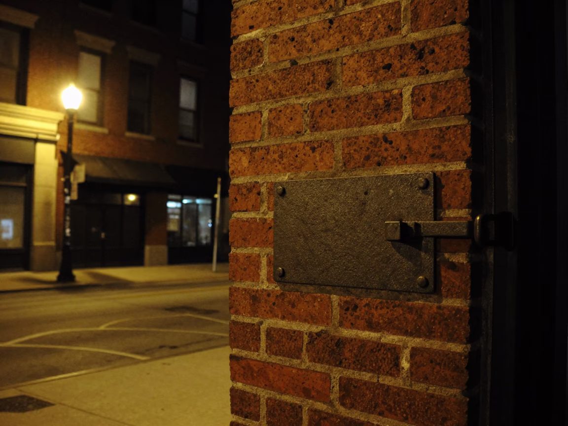 Late Night Chicago Street Scene with Iron Deadbolt Detail on Brick Building in in Chicago, Illinois, United States