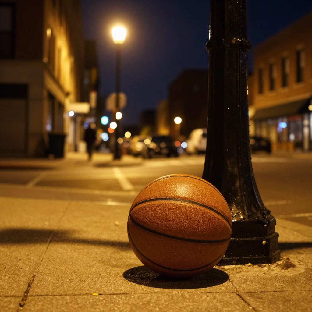 Late Night Chicago Street Scene with Leather Basketball and Bottle Caddy in Urban Setting in in Chicago, Illinois, United States
