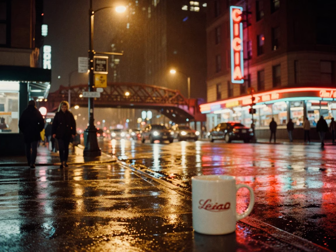 Late Night Chicago Street Scene with Mug and Viaduct in Rain in in Chicago, Illinois, United States
