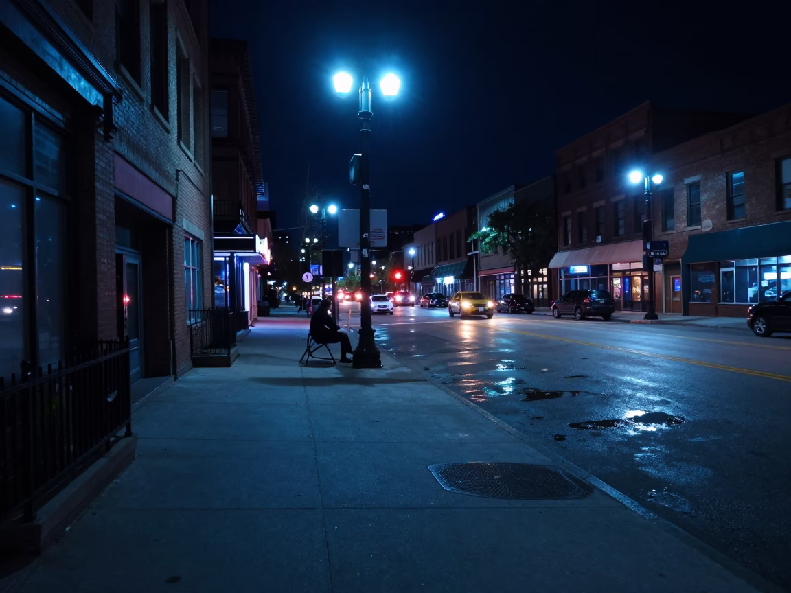 Late Night Chicago Street Scene with Neon Reflections and Urban Nightlife in in Chicago, Illinois, United States