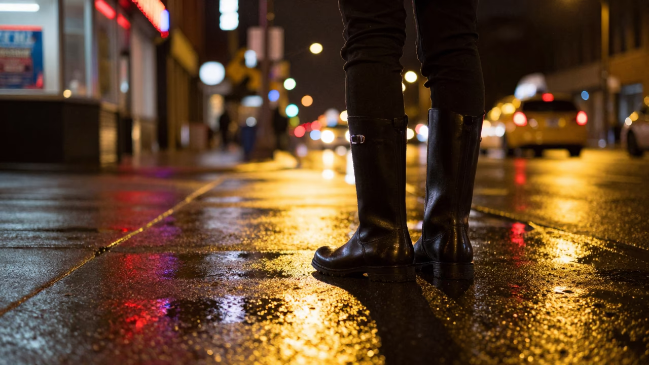 Late Night Chicago Street Scene with Rain Boots and Urban Details in in Chicago, Illinois, United States