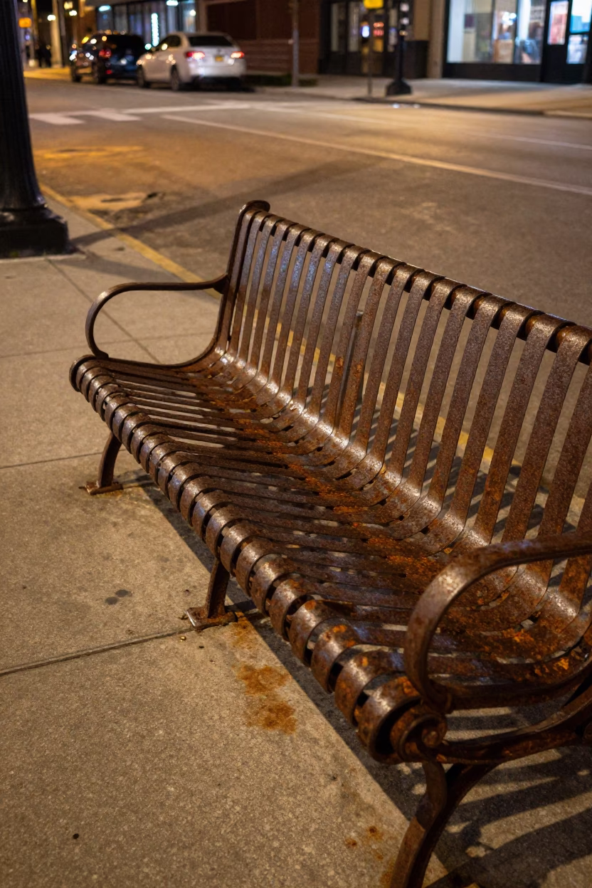 Late Night Chicago Street Scene with Rusty Bench and Blankets in in Chicago, Illinois, United States