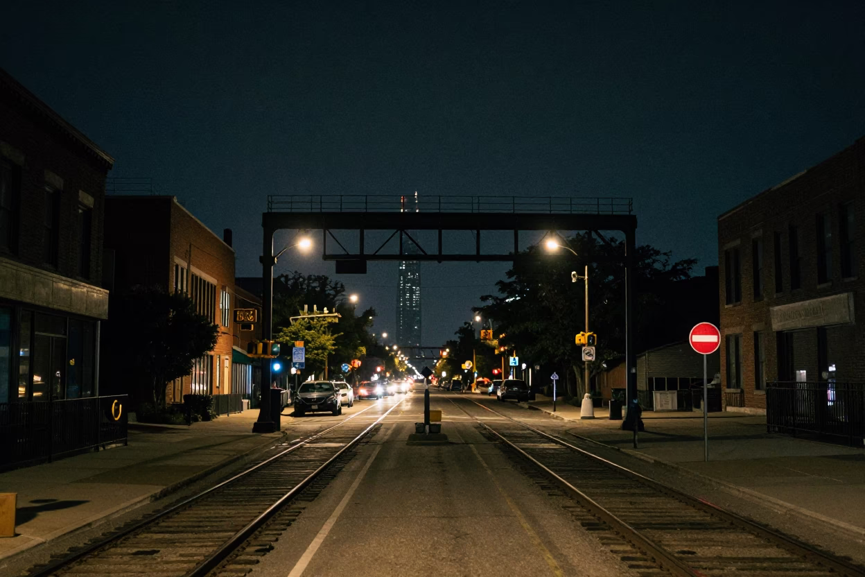 Late Night Chicago Street Scene with Signal Gantry and Rail Lines in in Chicago, Illinois, United States