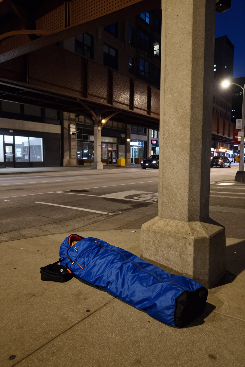 Late Night Chicago Street Scene with Sleeping Bag and Pedestrian Overpass in in Chicago, Illinois, United States