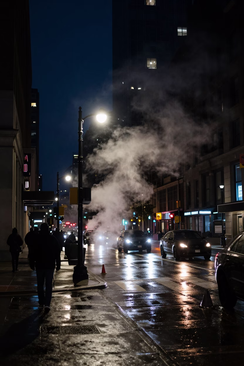 Late Night Chicago Street Scene with Steam and Urban Architecture in in Chicago, Illinois, United States