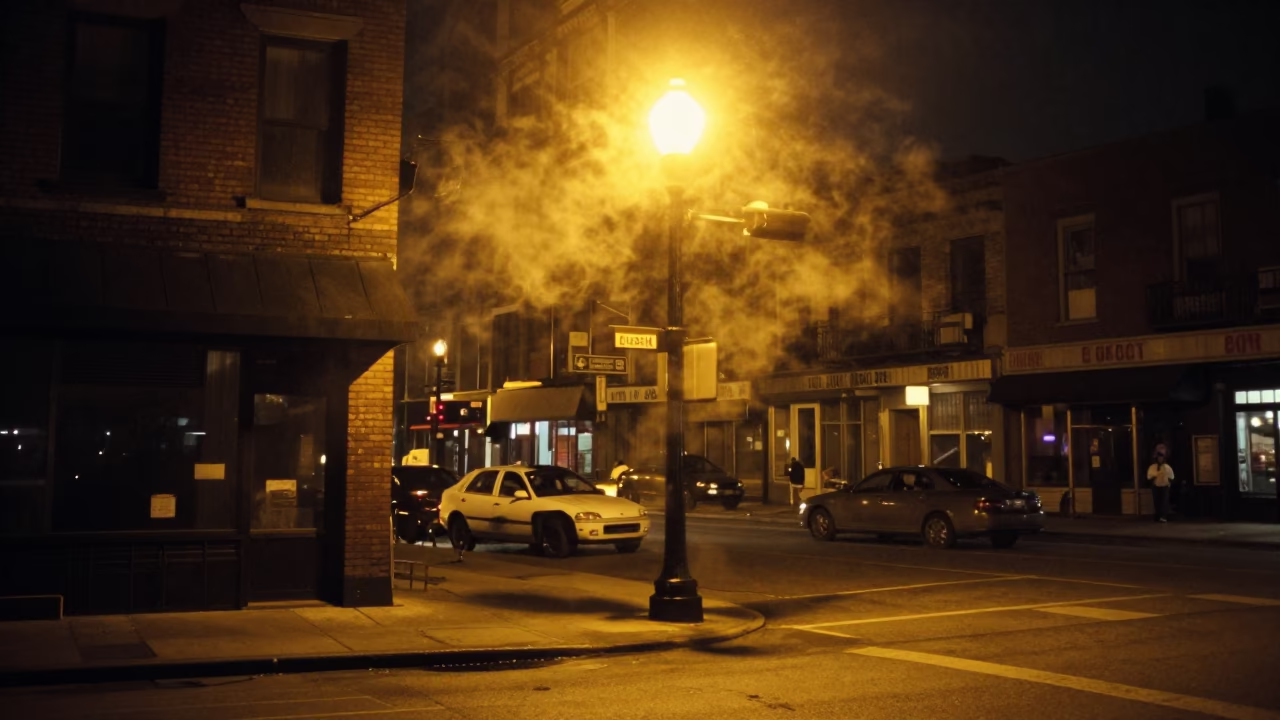 Late Night Chicago Street Scene with Steam Haze and Stair Rail in in Chicago, Illinois, United States