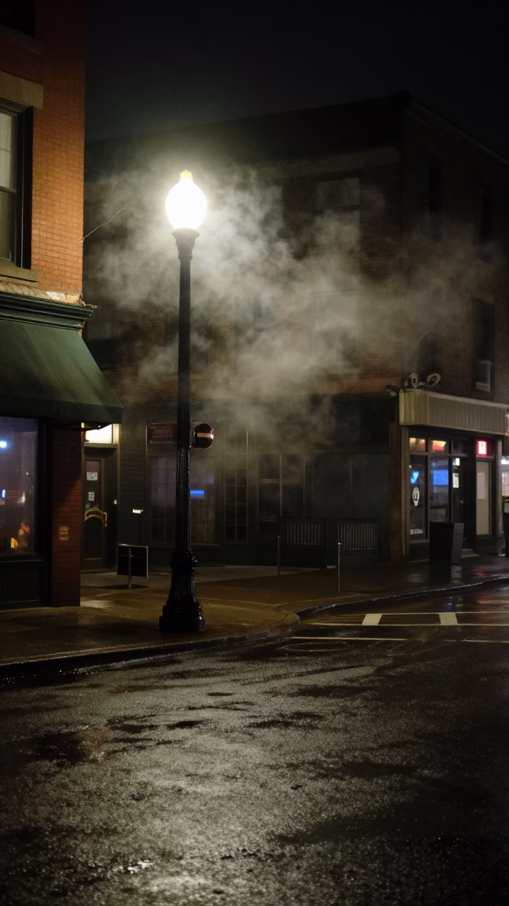 Late Night Chicago Street Scene with Steam Haze and Urban Nightlife in in Chicago, Illinois, United States