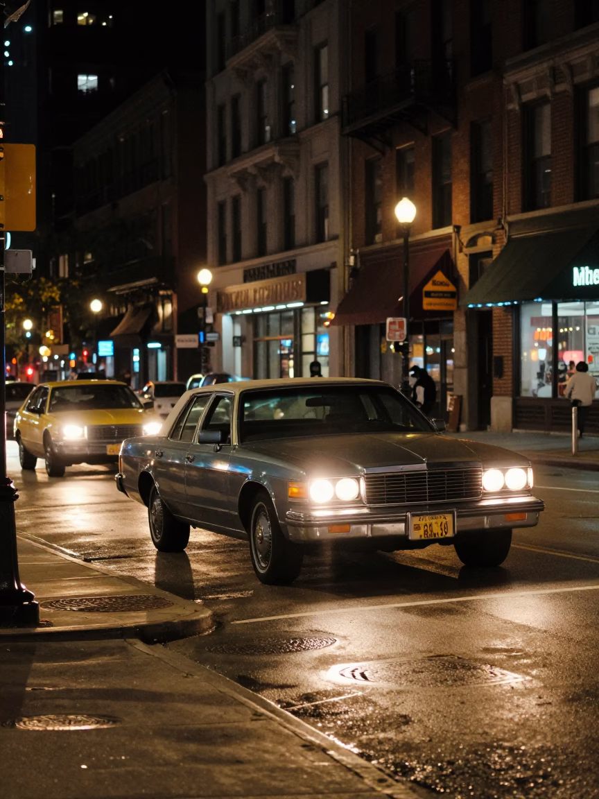 Late Night Chicago Street Scene with Vintage Car and Lockable Cash Box in in Chicago, Illinois, United States