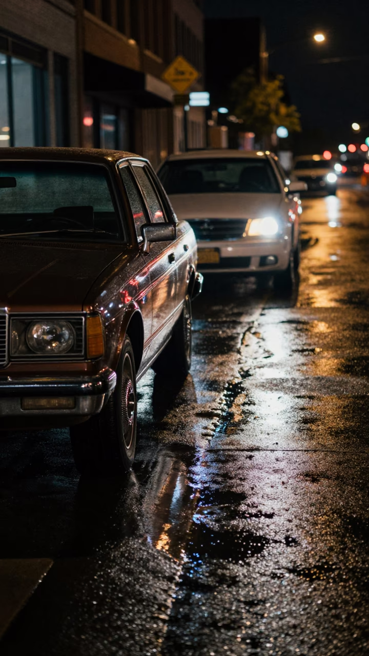 Late Night Chicago Street Scene with Vintage Car Reflection and Neon Lights in in Chicago, Illinois, United States