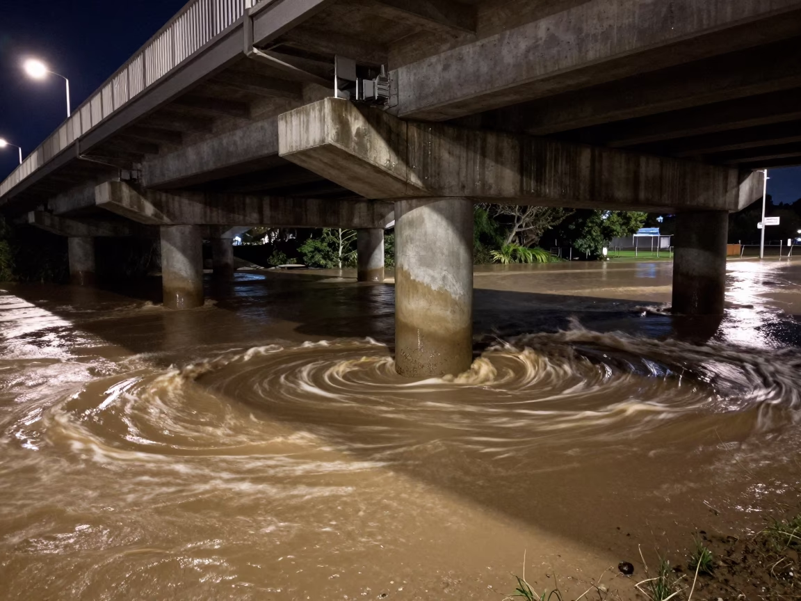 Late Night Christchurch Bridge Pier and Floodwater Muddy Swirls Under Streetlight in in Christchurch, New Zealand